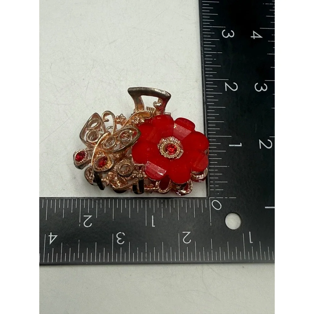 Red Flower Butterfly Hair Claw Clip Gold Tone Rhinestone Filigree Accessory